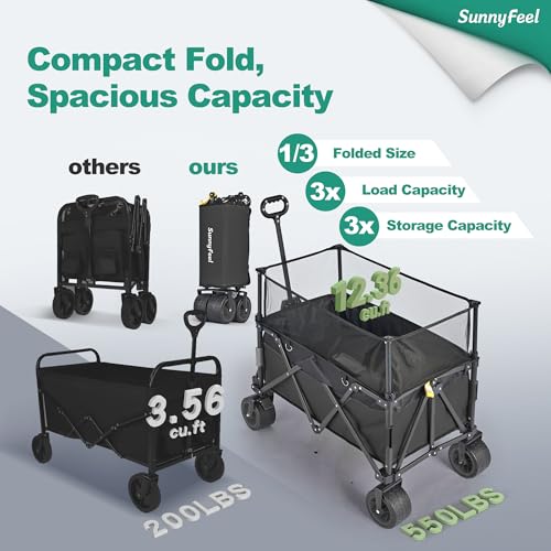 SunnyFeel Heavy Duty Collapsible Outdoor Utility Wagon Cart (500LB Capacity, Black, Tall Version) for Shopping, Garden,