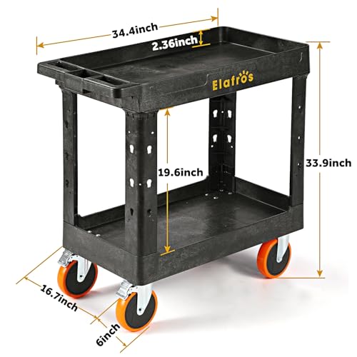 Elafros Heavy Duty Plastic Utility Cart 34x17 Inch - Warehouse Storage Cart with Deep Shelves and Full Swivel Wheels - 5
